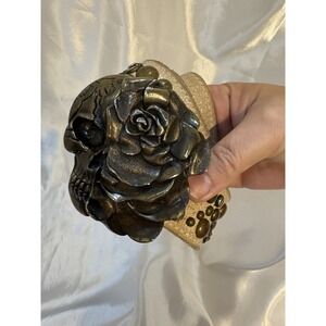 Vintage Heavy Belt Buckle skull rose marked Grail ivory suede studs Rare